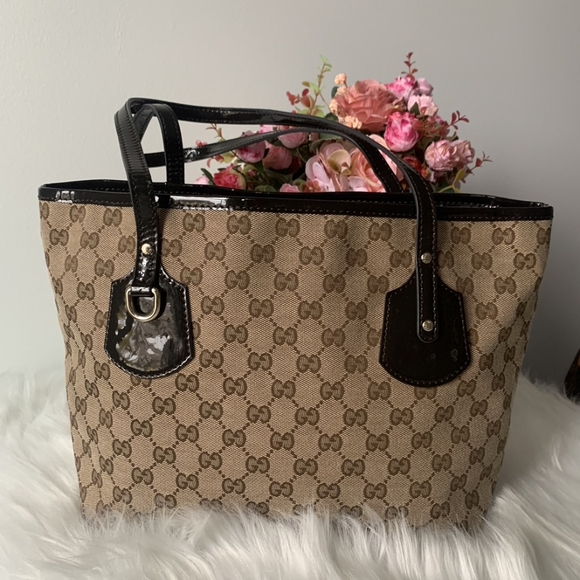 Gucci Jolie Tote GG monogram canvas brown small patent black trim - Picture 7 of 10